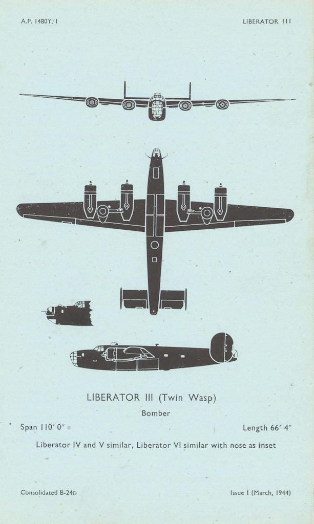 Consolidated B-24D Liberator III Bomber. Aircraft recognition profile 1944